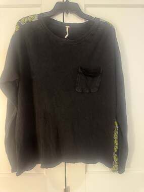Free People Black Floral Embroidered Long Sleeve Pocket Top